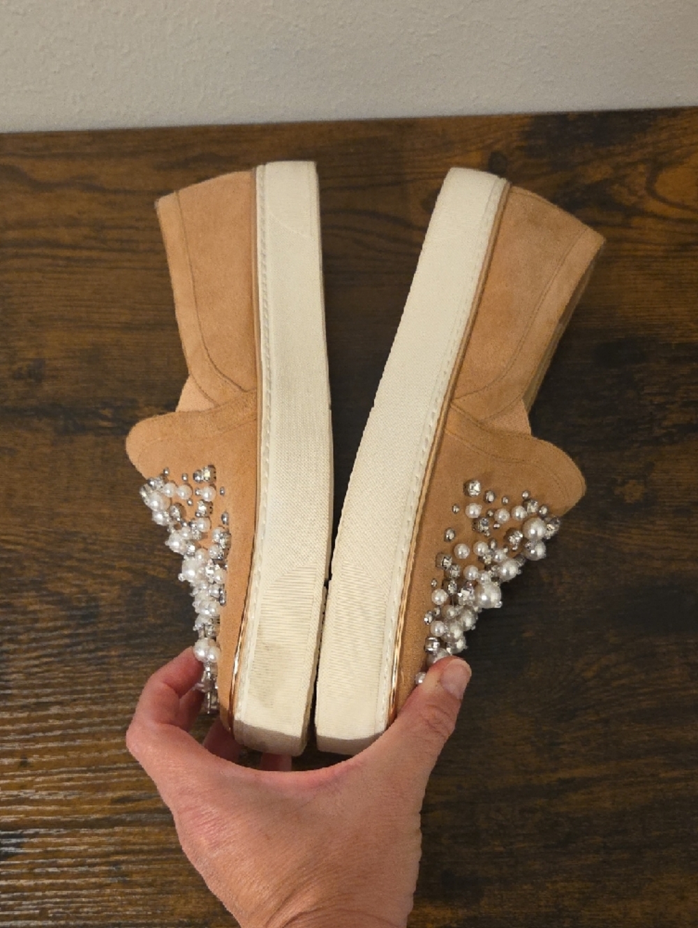 Stuart Weitzman Tan Crystal & Pearl Embellished Slip-On Loafers - Picture 9 of 10